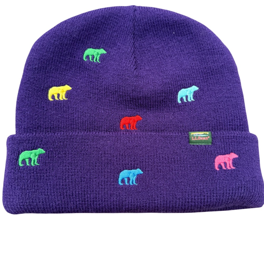 L.L.Bean Purple Polar Bear Embroidered Knit Beanie Hat One Size Multicolor Cuff - Picture 1 of 6